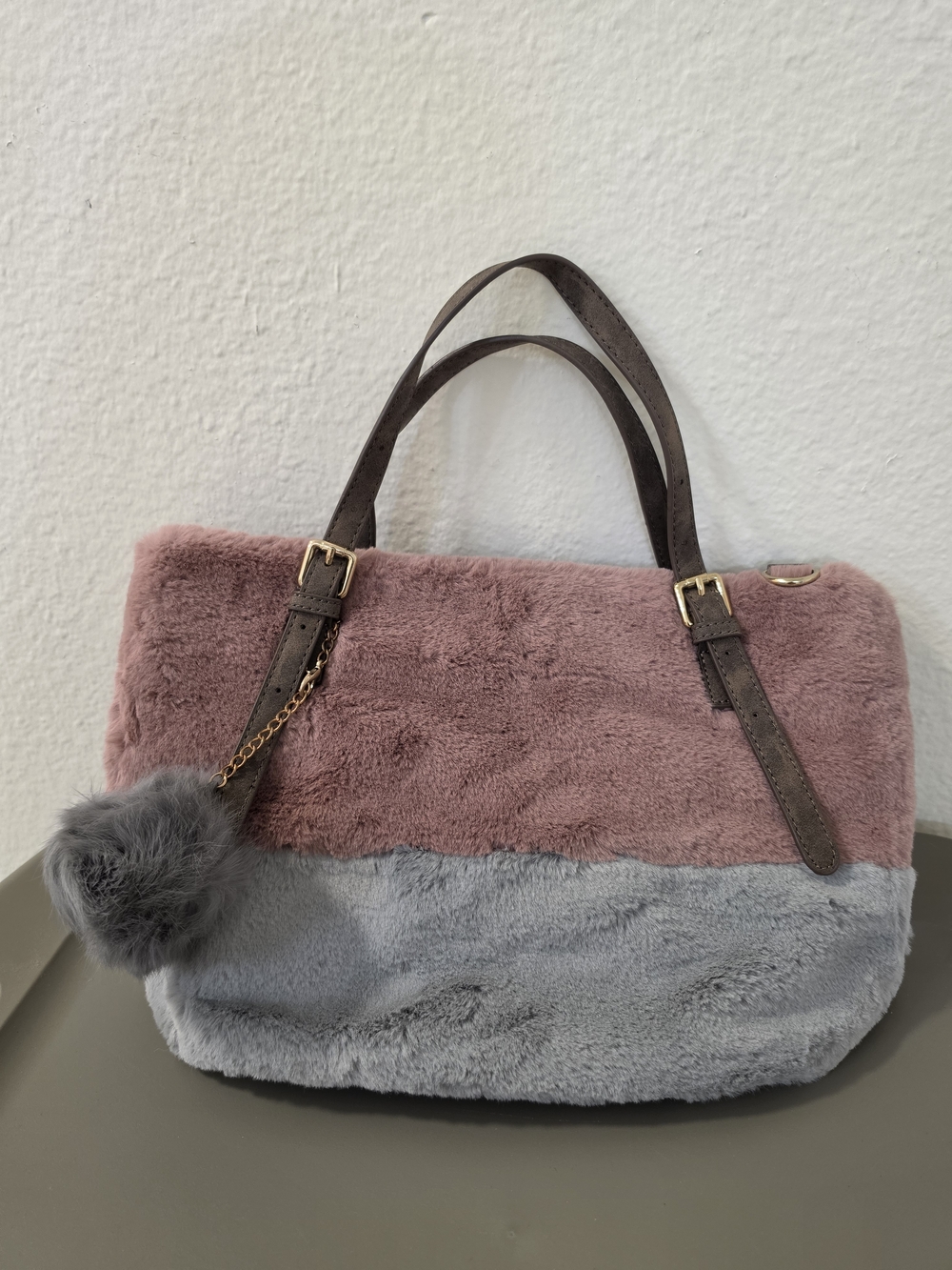 Faux Fur Two-Tone Tote Bag in Mauve and Light Gray